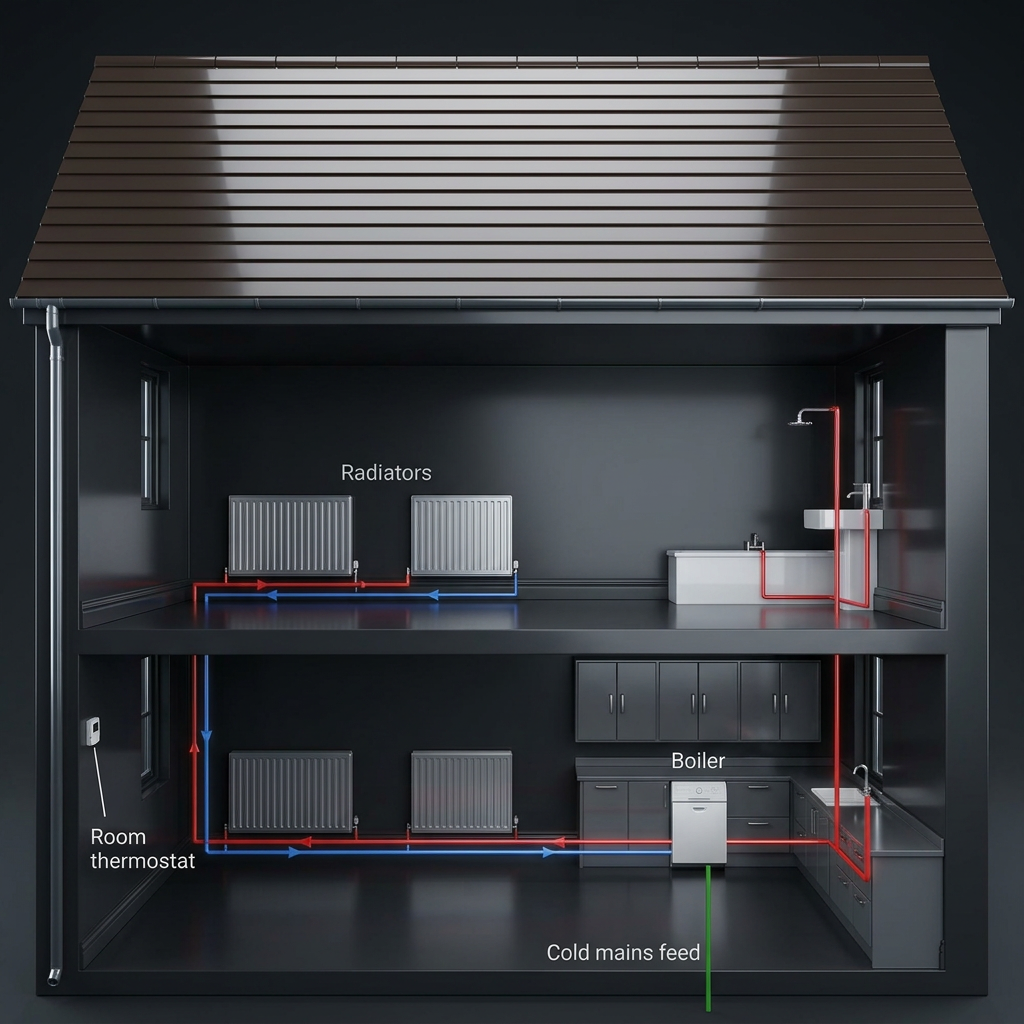 Diagram of a combi boiler heating radiators and hot water directly from the mains supply