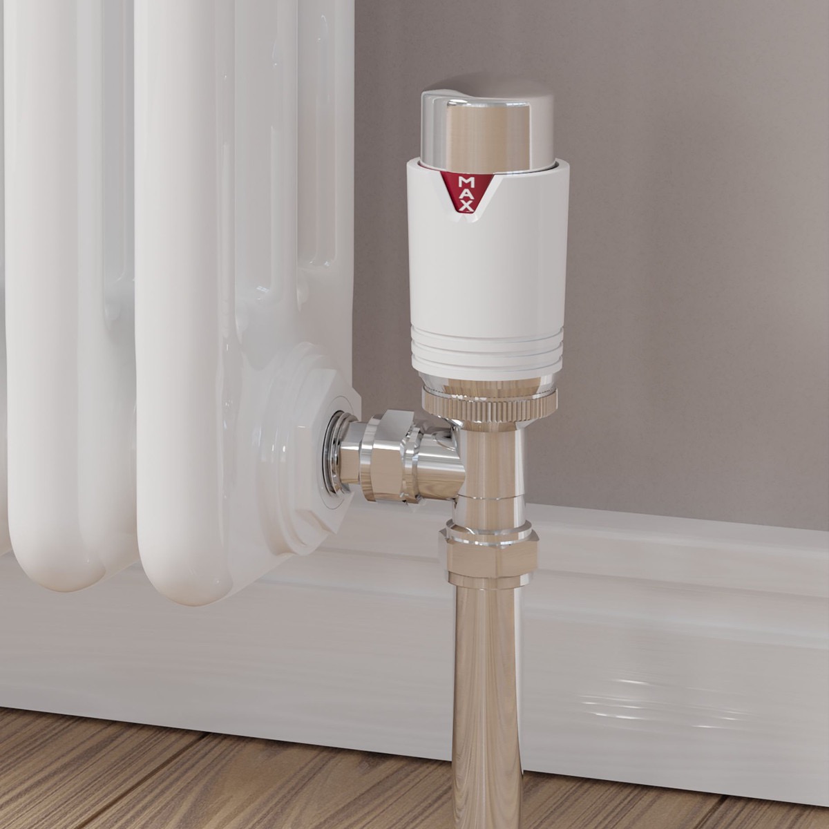 Chrome thermostatic radiator valve fitted to a modern white radiator in a Brighton home