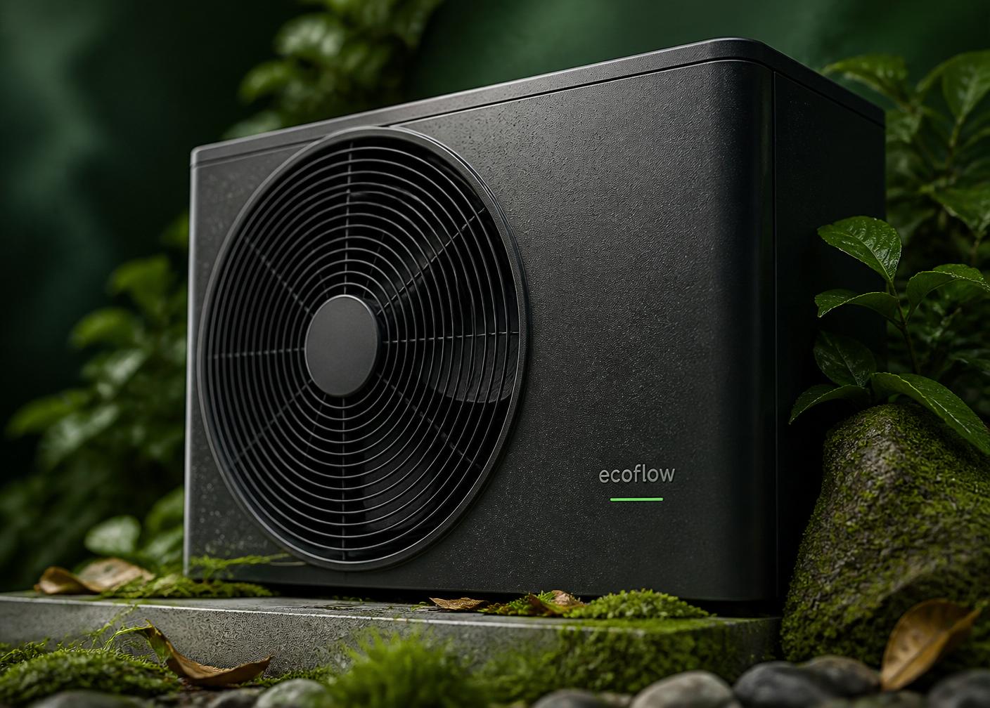 Close-up of a sleek modern air source heat pump surrounded by moss and green foliage